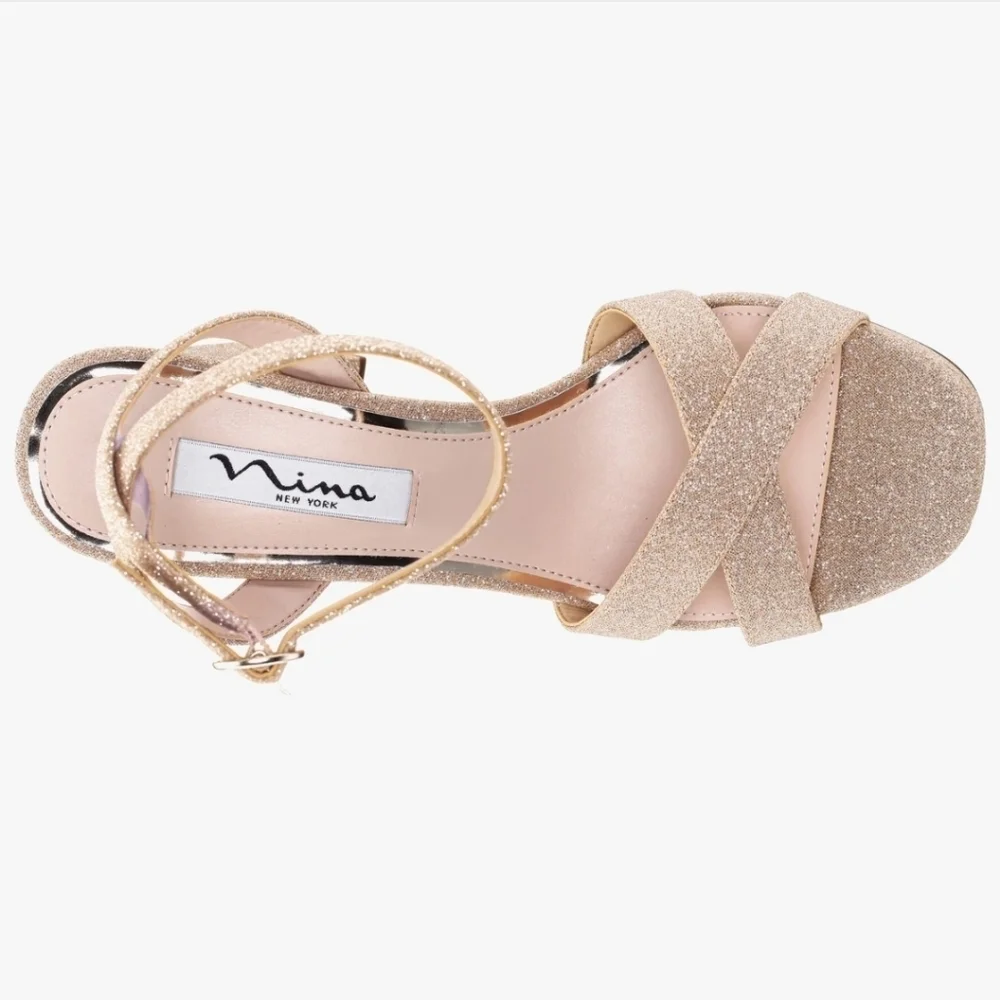 NINA NWOT GLITTER BLOCK HEEL PLATFORM SANDALS SZ 6 SPARKLE